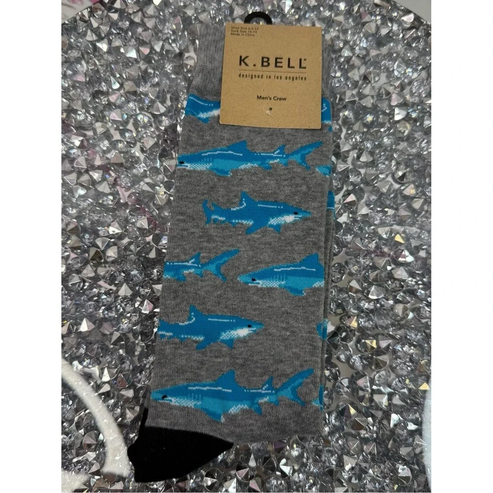 K.bell socks Men's Gray Shark Crew Socks - Blue Shark Pattern